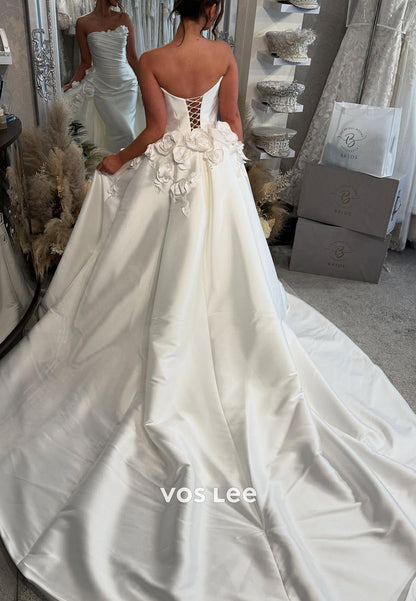 Strapless Floral Embellished Pleated Mermaid Wedding Dresses with Court Train