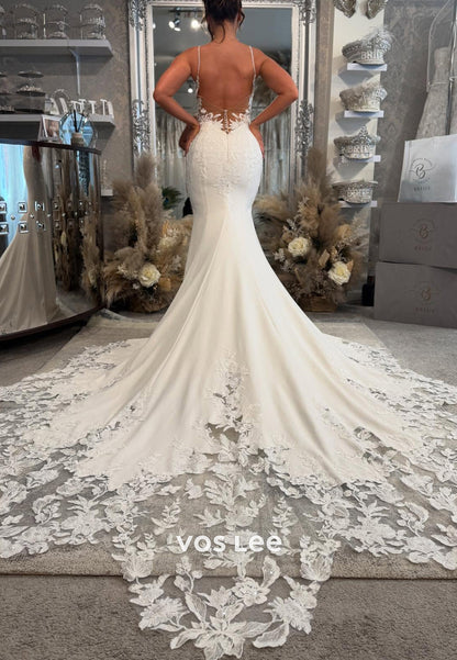 Spaghetti Straps V Neck Appliques Lace Embellished Beach Mermaid Wedding Dresses