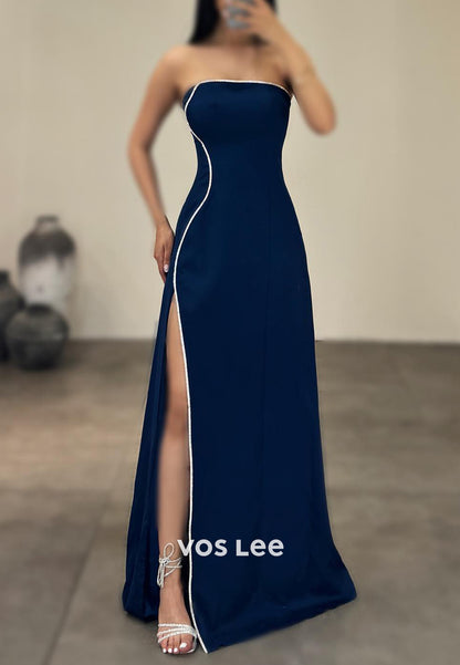 Simple & Casual Strapless Rhinestone Floor-Length Mermaid Evening Dresses with High Split
