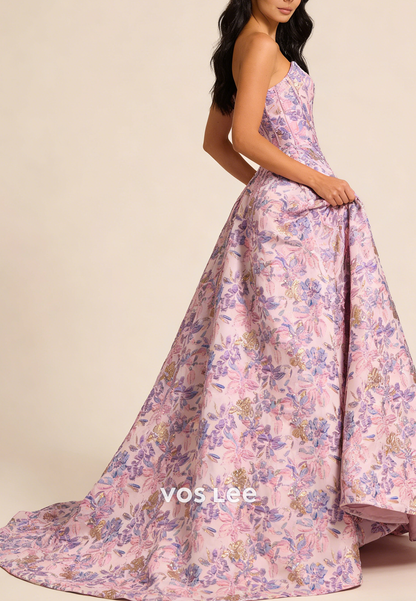 Pink Strapless A Line Sequined Appliques Formal Prom Dresses