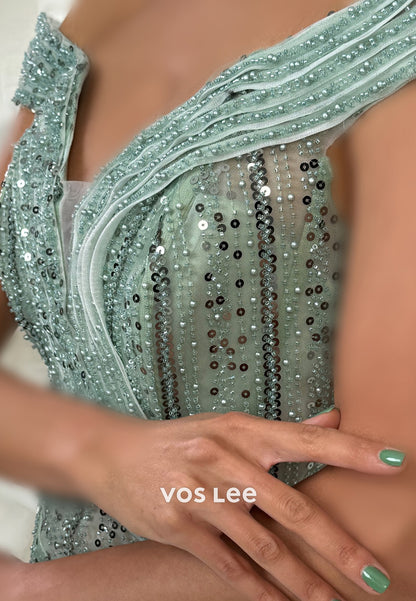 Off the Shoulder Fully Beading Sequins Pleated Sheath Evening Dresses with Side Split