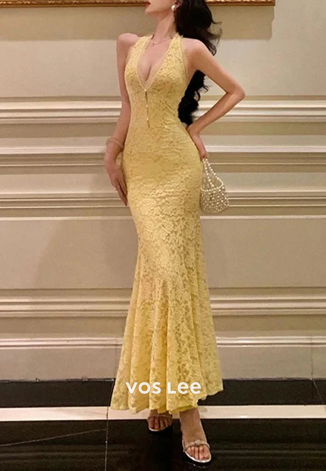 Classic & Timeless Halter Appliques Lace Ankle-Length Pleated Trumpet Evening Dresses