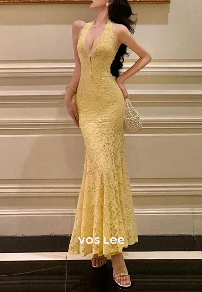 Classic & Timeless Halter Appliques Lace Ankle-Length Pleated Trumpet Evening Dresses