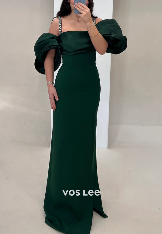 Short Sleeve Spaghetti Straps Rhinestone Pleated Floor-Length Mermaid Evening Dresses