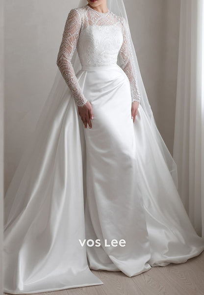 Long Sleeve Scoop Illusion Neck Appliques Wedding Dresses with Court Train
