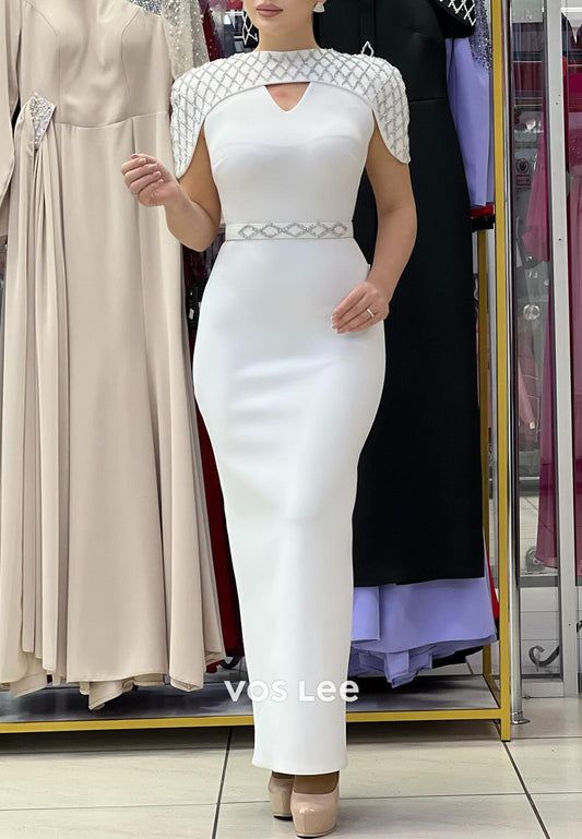Short Sleeve Scoop Rhinestone Embellished Ankle-Length Mermaid Evening Dresses