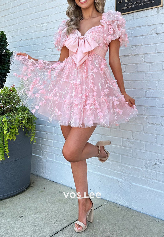 A-Line Short Sleeve Sweetheart Bowknot Appliques Lace Homecoming Dresses