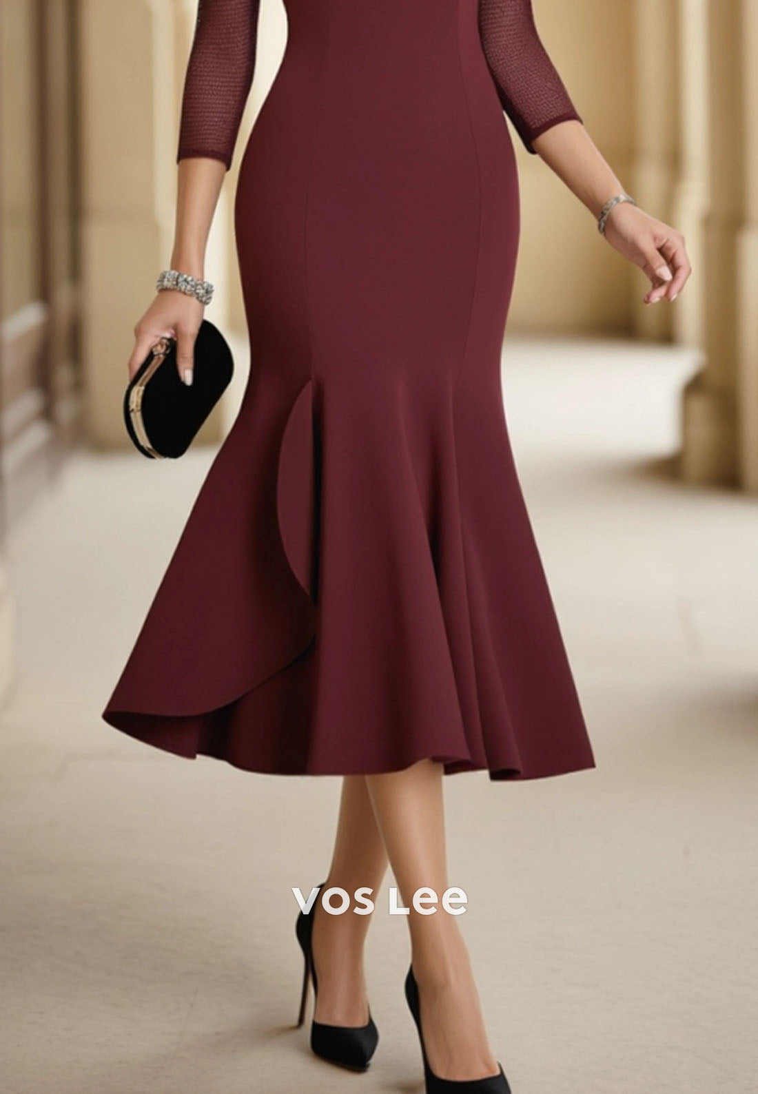 Burgundy Sweatheart Neck Mermaid Midi Dress Mother of th Bride Dress