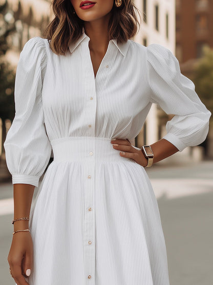 Pinstripe Texture Shirt Dress With Puff Sleeves