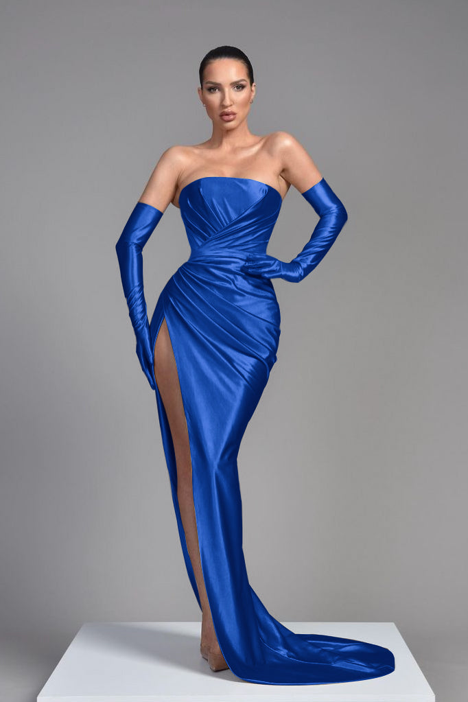Champagne Evening Dress Half Sleeves With Pleated High Split