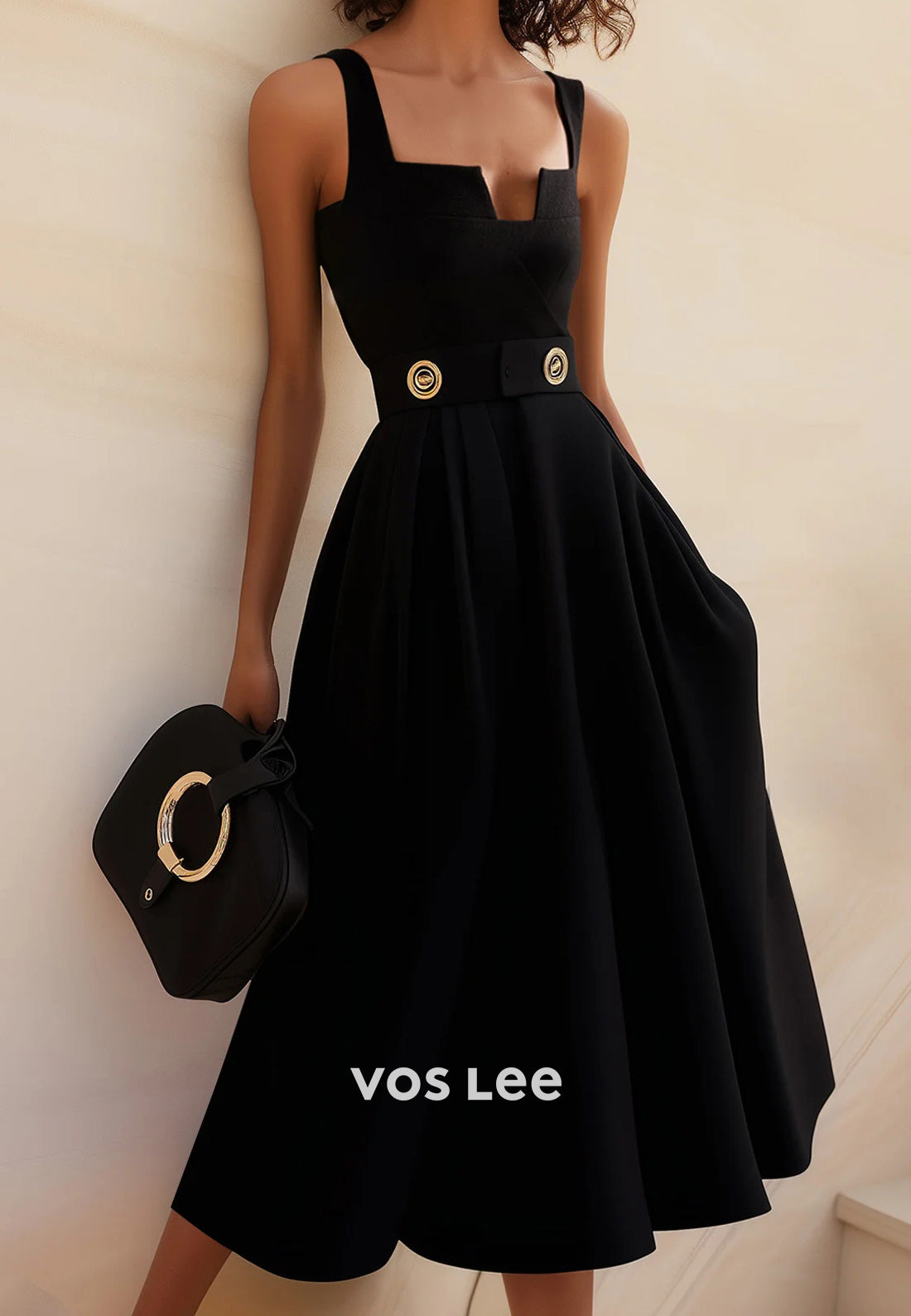 Luxurious Black A-Line Square Sleeveless Pleated Tea-Length Wedding Guest Dresses