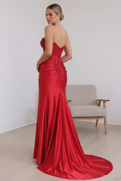 Charming Mermaid Scoop Neck Red Satin Prom Dress with Hot Stone