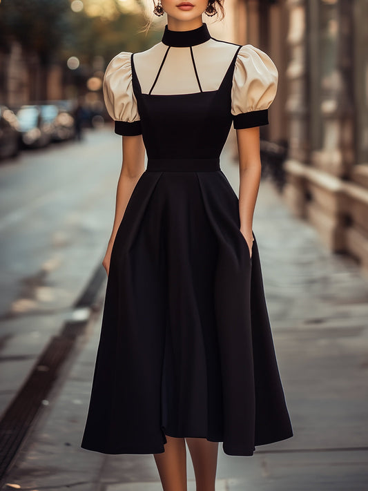 Vintage Puff Sleeve Midi Dress With High Neck