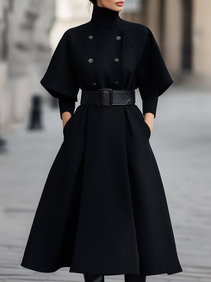 Cape-Sleeve Belted Midi Dress