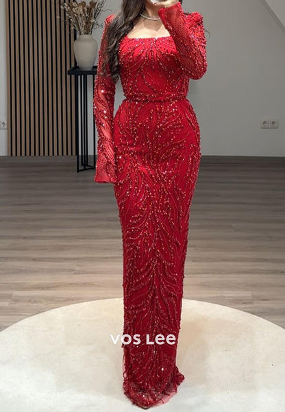 Elegance Allover Lace Beaded Long Sleeves Mermaid Evening  Formal Dresses