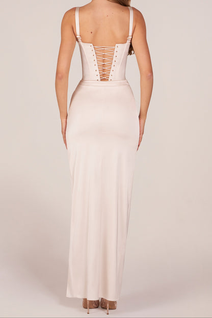 Corseted Thigh-High Split Maxi Dress in Ivory Prom Dress