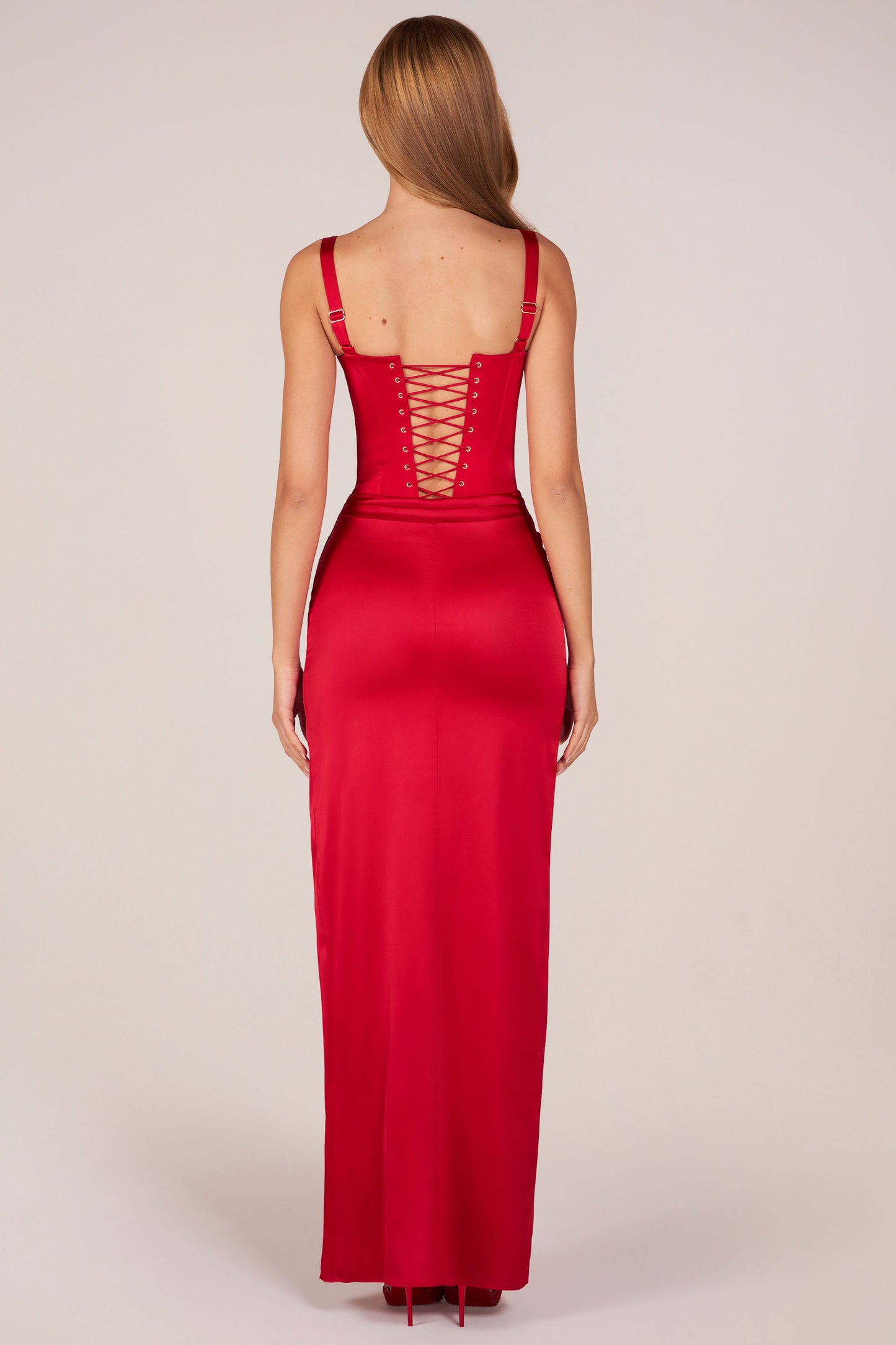 Corseted Thigh-High Split  Prom Dress Maxi Dress in Rose Red