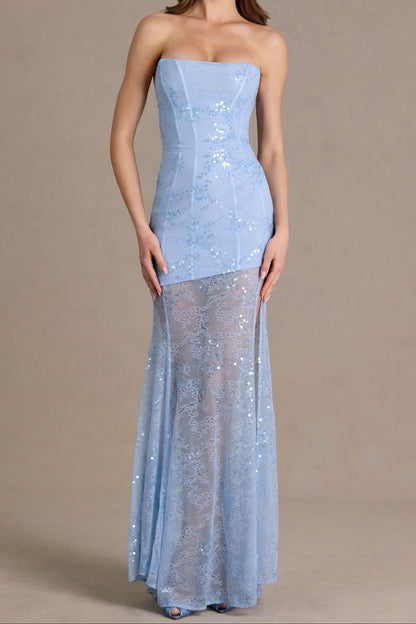 Baby Blue Strapless Mesh Sequin Mermaid Gown with High Slit