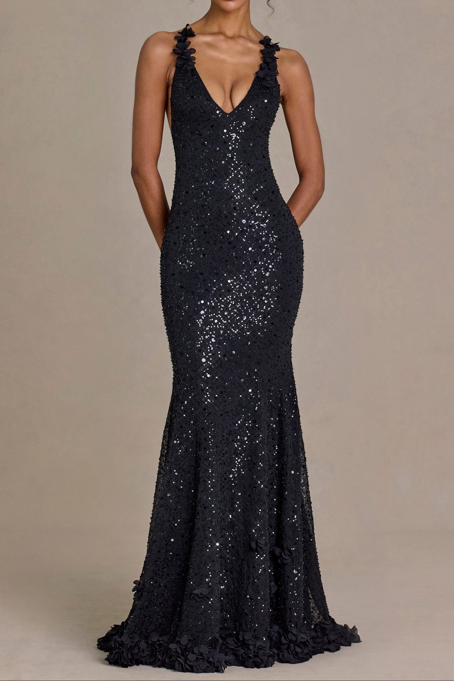 Black SequinOpen-Back Gown Mermaid Gown with Floral Trim Detail