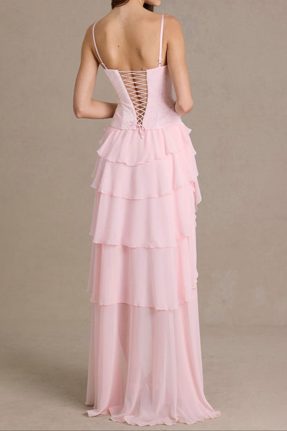 Blush Pink Hi-Low Chiffon Formal Dress with Corset Bodice