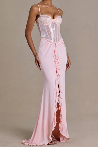 Blush Pink Spaghetti Strap Lace Back Mermaid Evening Gown with Slit