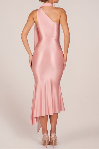Blush Pink One Shoulder Satin Midi Dress | Trumpet Hem Cocktail Party Gown