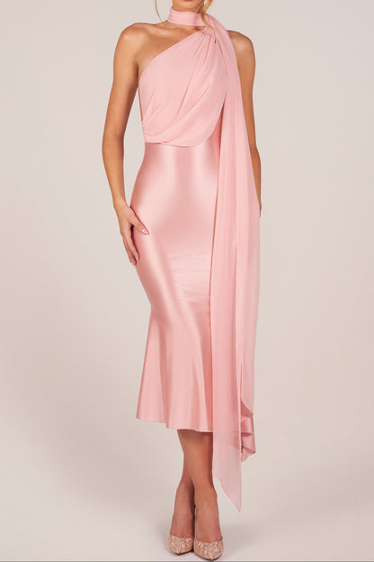 Blush Pink One Shoulder Satin Midi Dress | Trumpet Hem Cocktail Party Gown