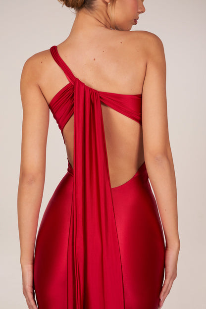 Red Satin One Shoulder Backless Prom Gown | Floor Length Sexy Dress