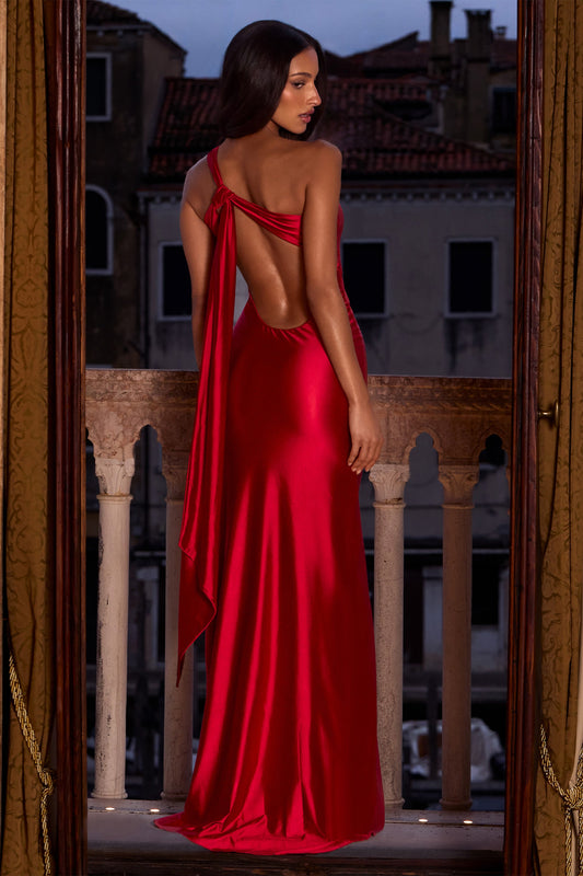 Red Satin One Shoulder Backless Prom Gown | Floor Length Sexy Dress
