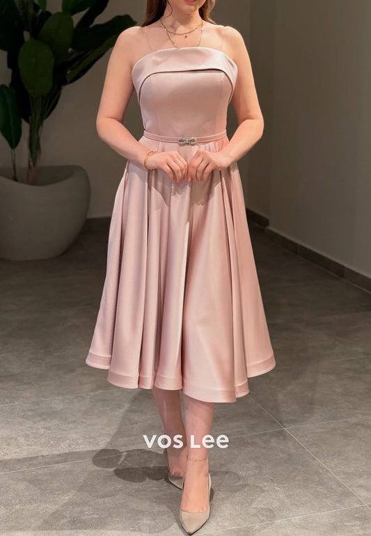 A-Line Strapless Rhinestone Embellished Tea-Length Evening Dresses