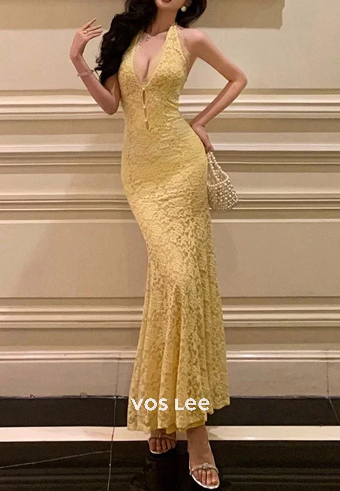 Classic & Timeless Halter Appliques Lace Ankle-Length Pleated Trumpet Evening Dresses