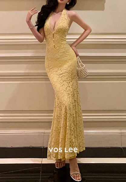 Classic & Timeless Halter Appliques Lace Ankle-Length Pleated Trumpet Evening Dresses