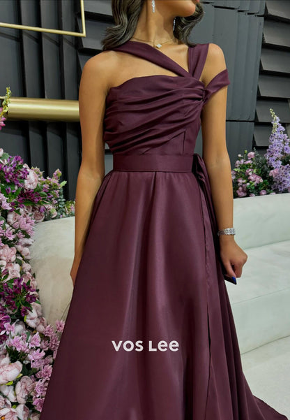 Couture & Ornate A-Line Asymmetrical Neck Pleated Evening Dresses with Chapel Train
