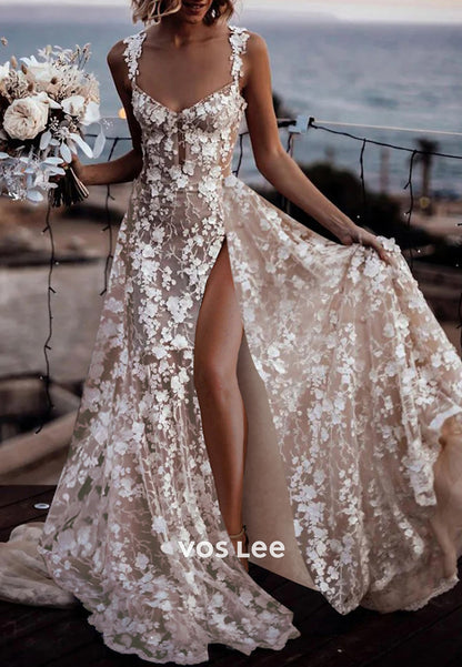 A-Line Spaghetti Straps Sweetheart Appliques Lace Wedding Dresses with Sweep Train