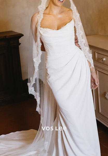 Simple Strapless Scoop Pleated Mermaid Wedding Dresses with Sweep Train