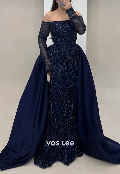 Long Sleeve Off the Shoulder Fully Beaded Mermaid Evening Dresses with Court Train