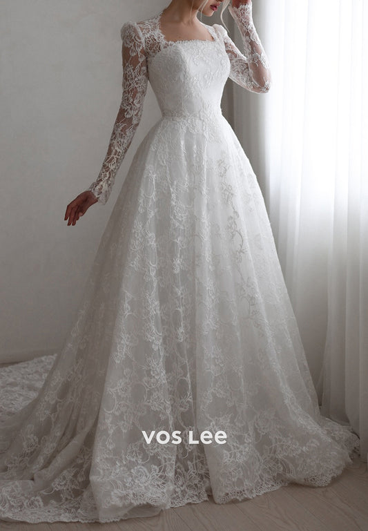 Long Sleeve Square Appliques Lace Pleated Wedding Dresses with Chapel Train