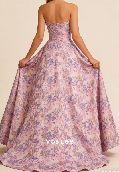 Pink Strapless A Line Sequined Appliques Formal Prom Dresses