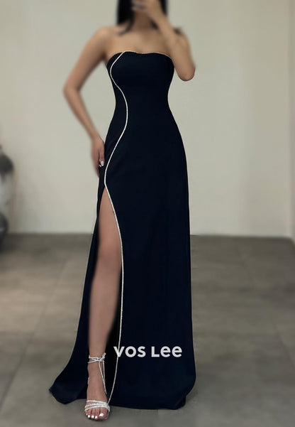 Simple & Casual Strapless Rhinestone Floor-Length Mermaid Evening Dresses with High Split