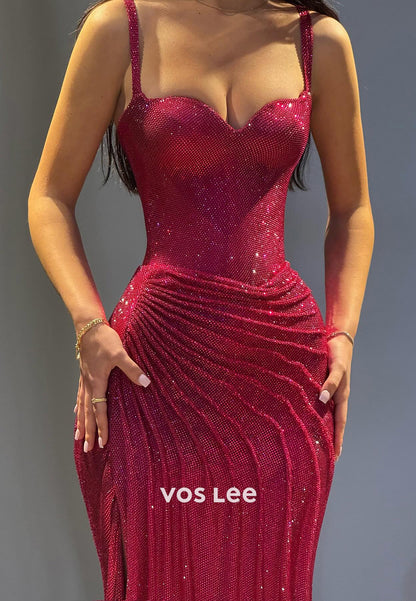 Elegant & Luxurious Spaghetti Straps Pleated Mermaid Evening Dresses with High Spilt