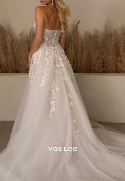 A-Line Strapless Sweetheart Appliques Embellished Wedding Dresses with Court Train