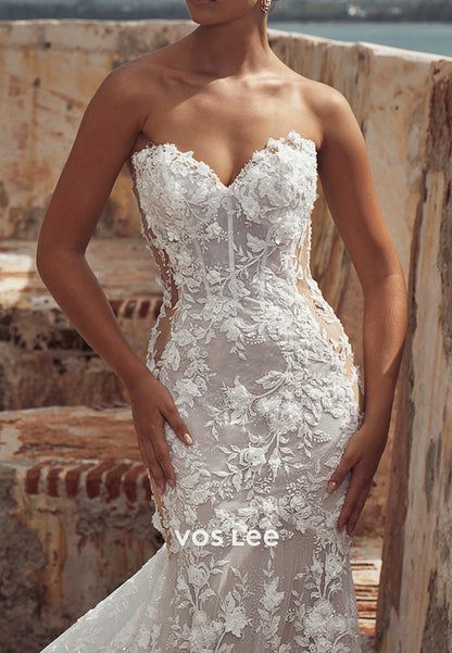 Detachable Long Sleeve Sweetheart Lace Appliques Mermaid Wedding Dresses with Court Train