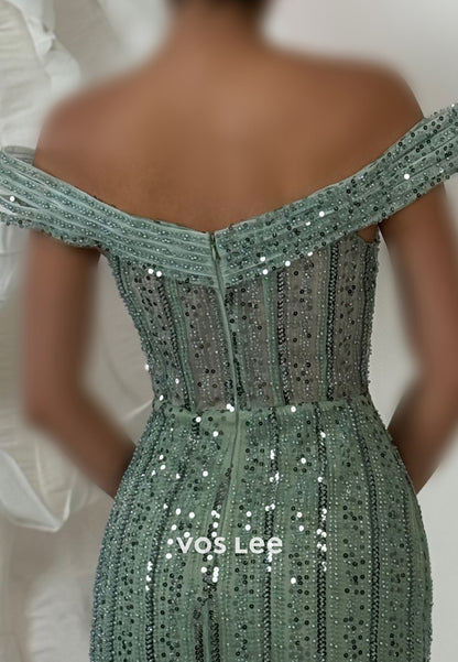 Off the Shoulder Fully Beading Sequins Pleated Sheath Evening Dresses with Side Split