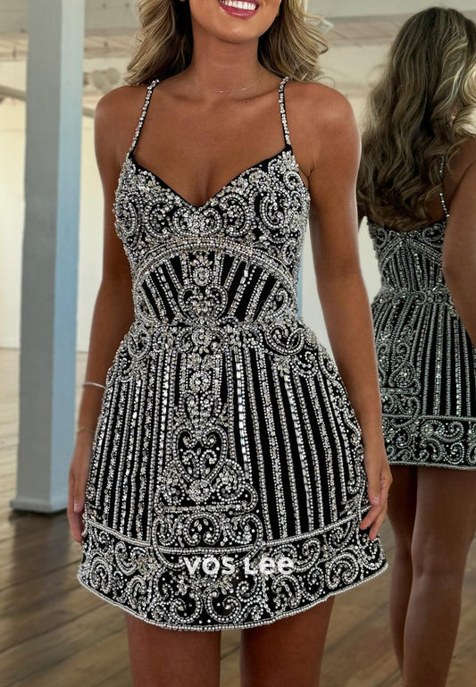 Sparkle & Shine A-Line V Neck Rhinestone Embellished Homecoming Dresses