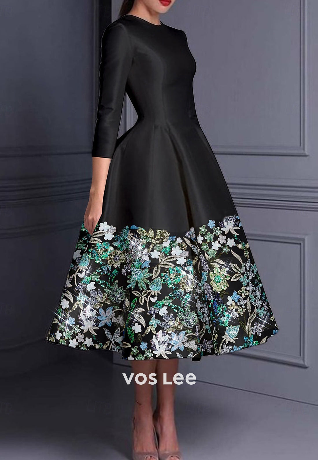 Couture & Ornate  A-Line Scoop 3/4 Sleeve Appliques Pleated Evening Dresses