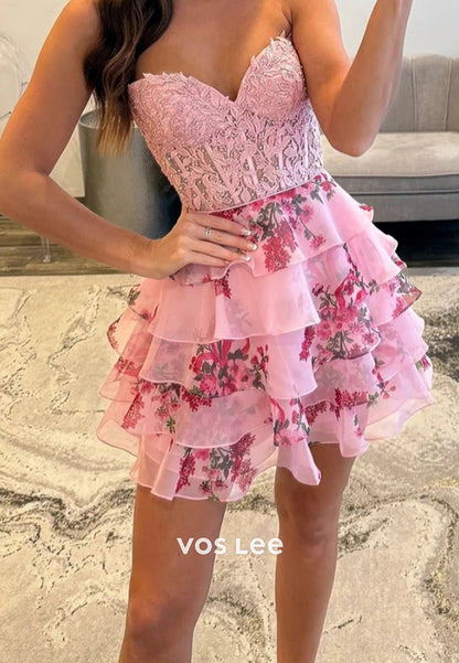 A-Line Sweetheart Appliques Lace Strapless Homecoming Dresses with Tiered