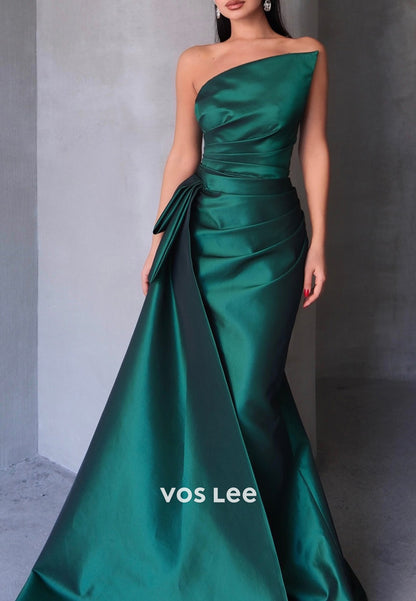 Simple & Casual Asymmetrical Neck Pleated Mermaid Long Evening Dresses with Court Train