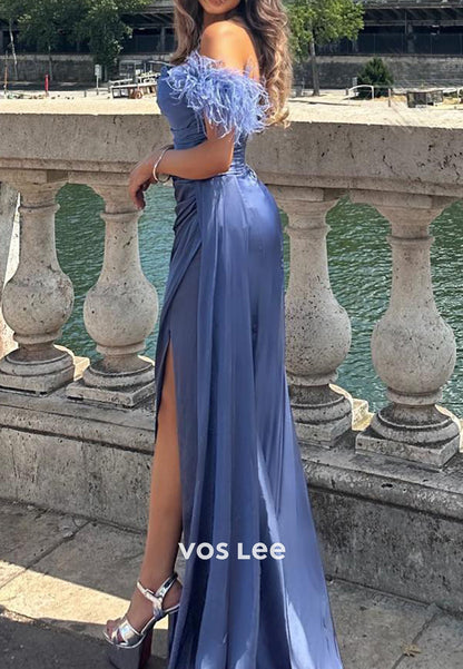 Sexy & Hot Off the Shoulder Feather Split Pleated Mermaid Evening Dresses with Sweep Train