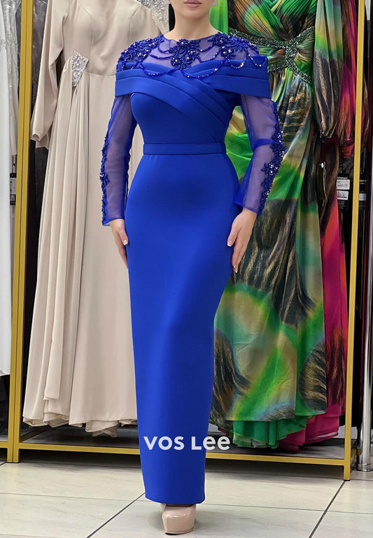 Long Sleeve Illusion Neck Beaded Embellished Ankle-Length Mermaid Evening Dresses