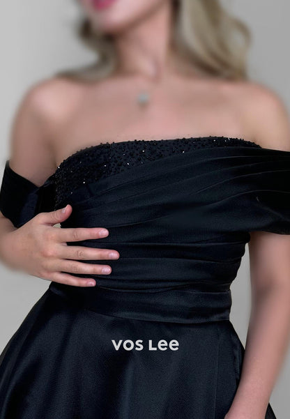 Classic A-Line One Shoulder Beading Pleated Split Evening Dresses with Sweep Train